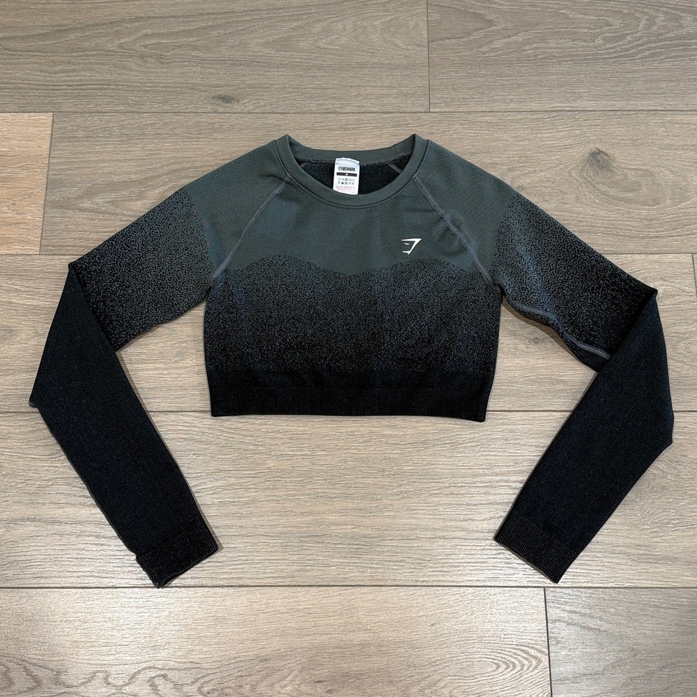 GYMSHARK Black Grey Adapt Ombre Seamless Long Sleeve Crop Top Active Gym Size M‎